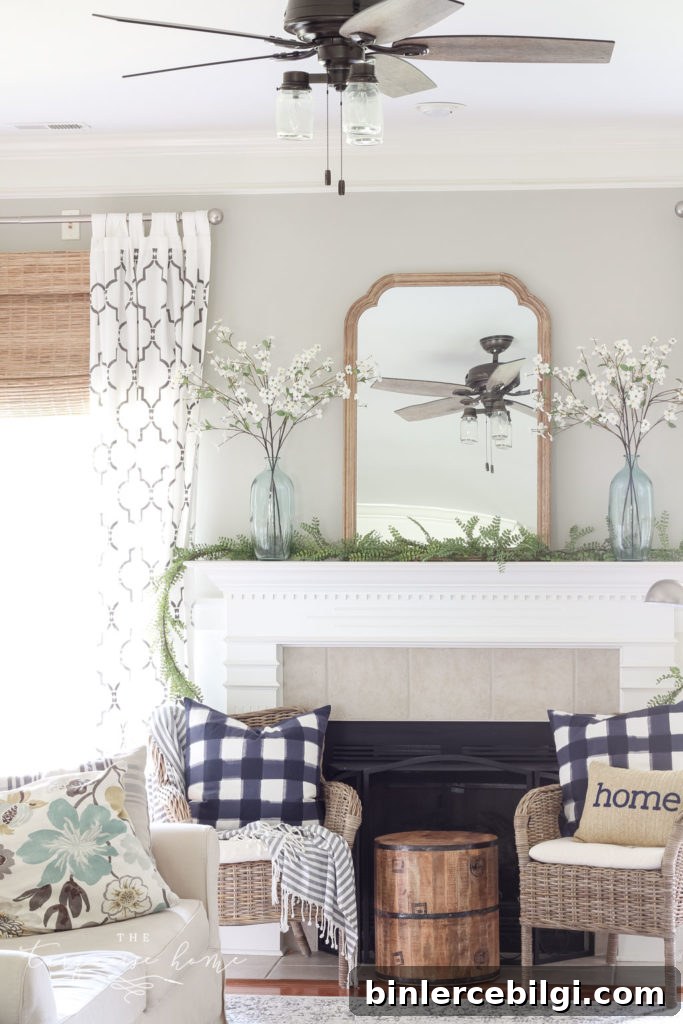 A Simple Summer Mantel -->> wood frame, white mantel, plaid navy pillows, jute bamboo blinds