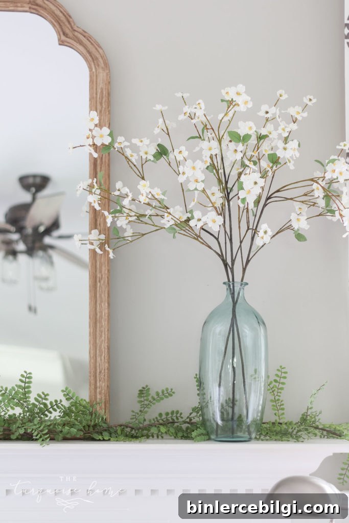 A Simple Summer Mantel -->> faux dogwood stems