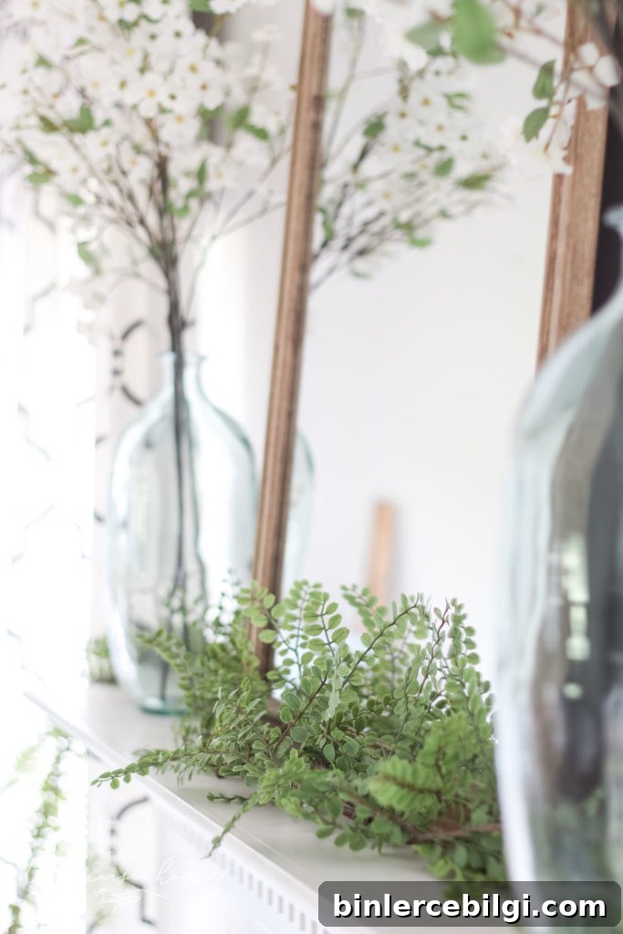 A Simple Summer Mantel - bright green locust garland from Hearth and Home with Magnolia