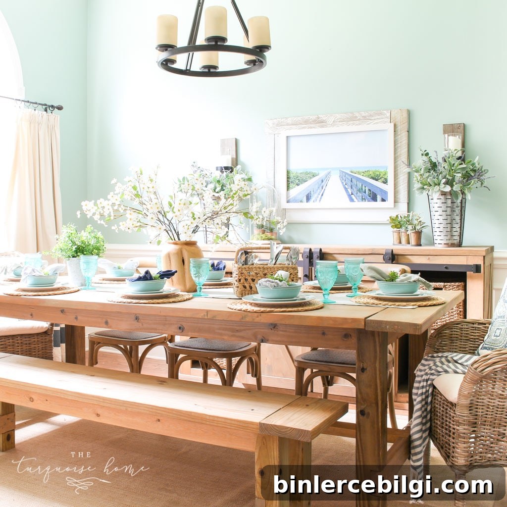 Breezy Summer Dining Room Decor Ideas 7 a Simple Summer Dining Room Tour - with turquoise plates and a gorgeous farmhouse table