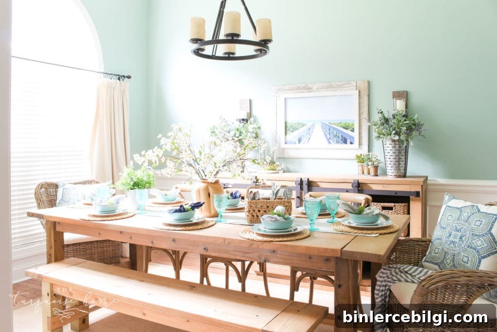 Breezy Summer Dining Room Decor Ideas 9 a Simple Summer Dining Room Tour - with turquoise plates and a gorgeous farmhouse table