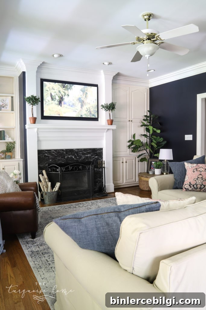 Benjamin Moore Hale Navy Paint Color: Shades, Uses and Pairings 6 Navy Living Room with white trim