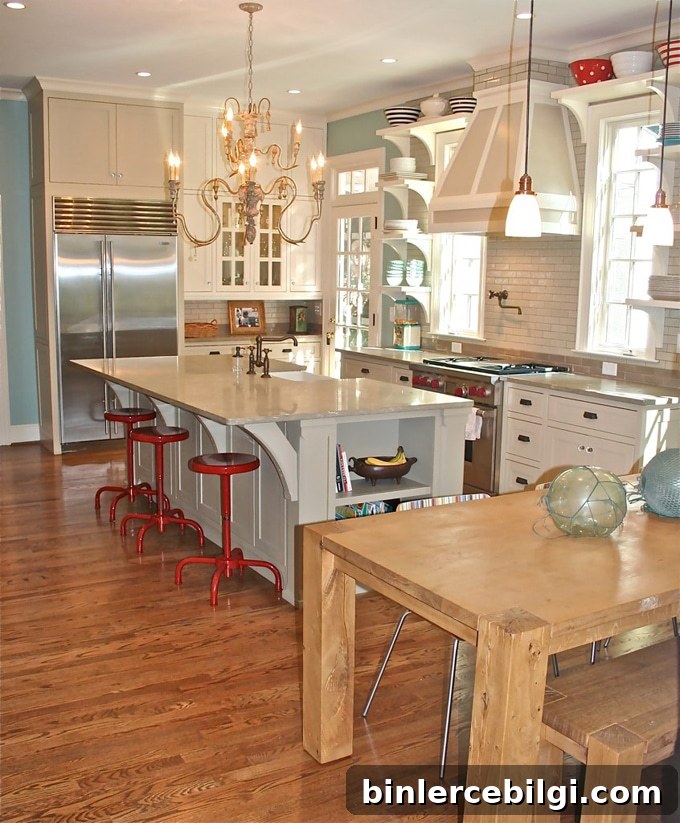 Benjamin Moore Wythe Blue HC-143: Color Review and Room Photos 8 Gorgeous Wythe Blue kitchen with pops of red.