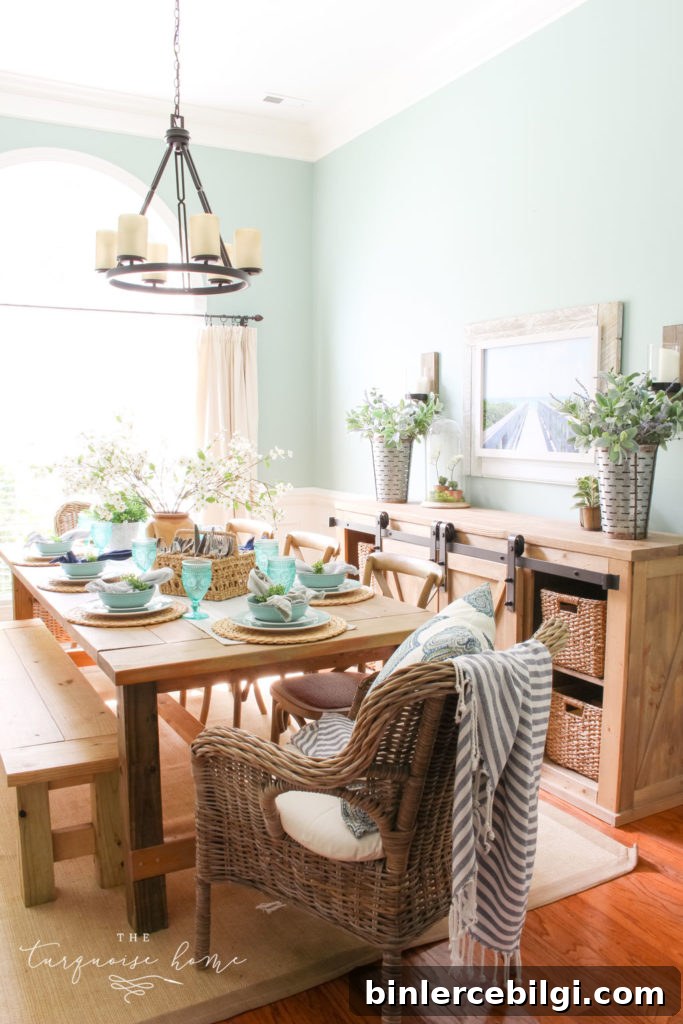 Benjamin Moore Wythe Blue HC-143: Color Review and Room Photos 10 a Simple Summer Dining Room Tour - with turquoise plates and a gorgeous farmhouse table