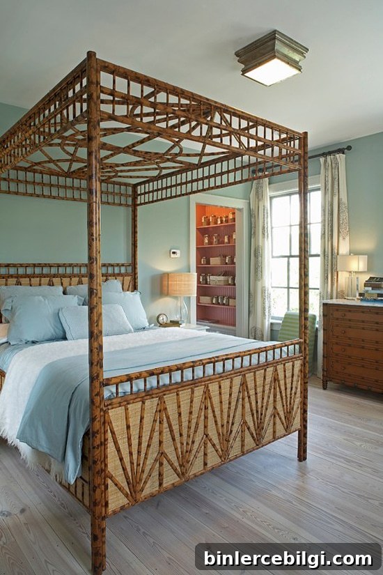 Benjamin Moore Wythe Blue HC-143: Color Review and Room Photos 6 Gorgeous bedroom with Wythe Blue painted walls and a wooden bed.