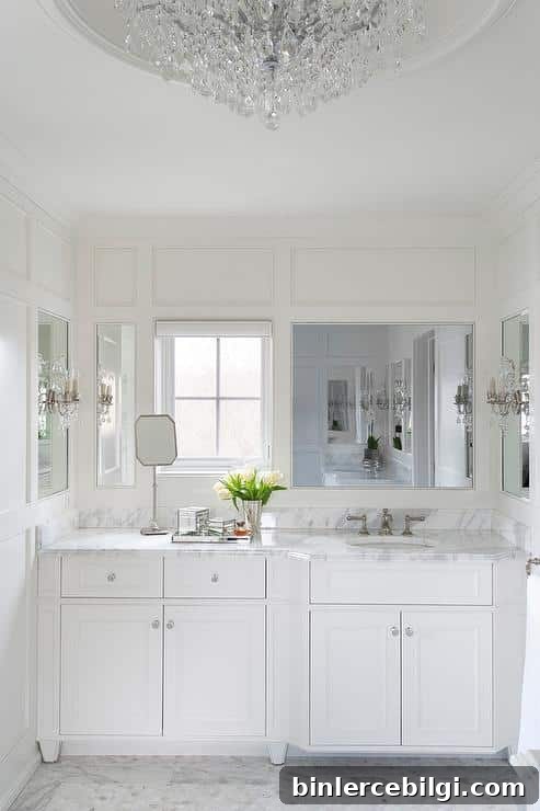 Benjamin Moore White Dove OC-17 Paint Color: Undertones & Uses 6 Benjamin Moore White Dove Bathroom Cabinets with Calacatta Marble Countertops