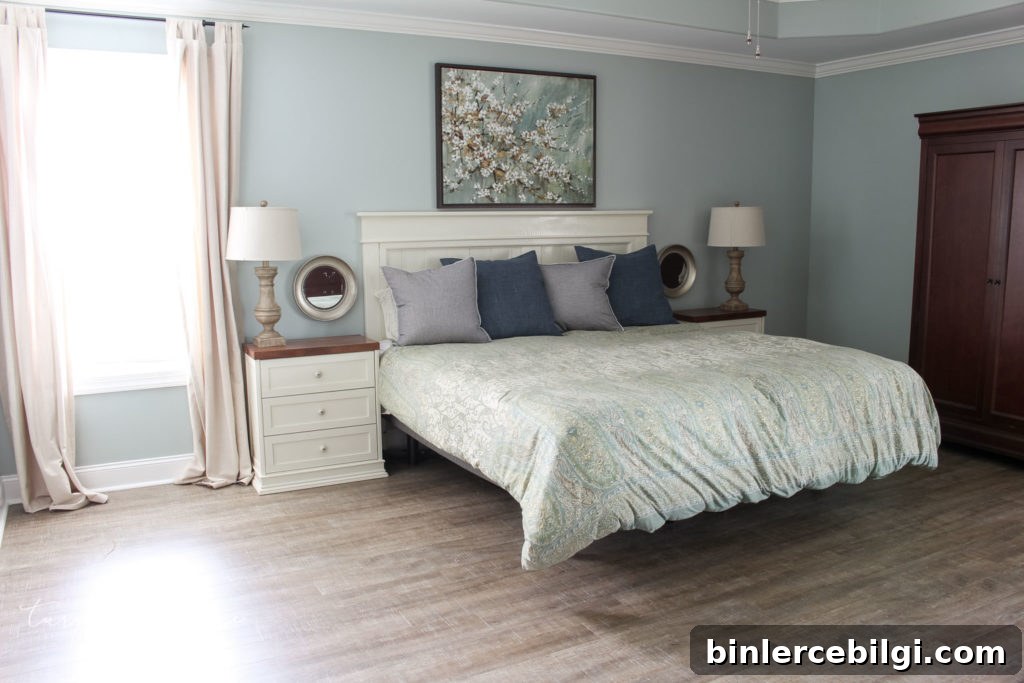 Master Bedroom without a rug under the bed, LVP floors, CoreTEC Boardwalk Oak, Farmhouse-style master bedroom