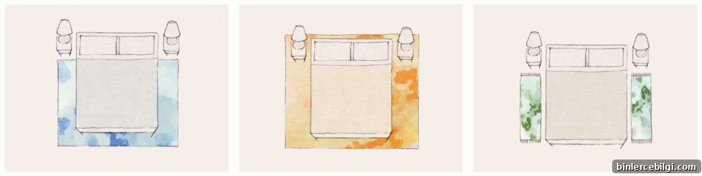Where to place a rug under a bed. Rug placement under the bed.
