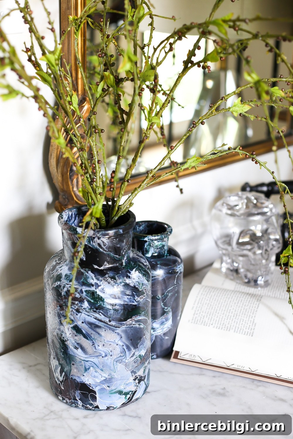 DIY Black Marbled Vases are the perfect understated, not scary Halloween decor!