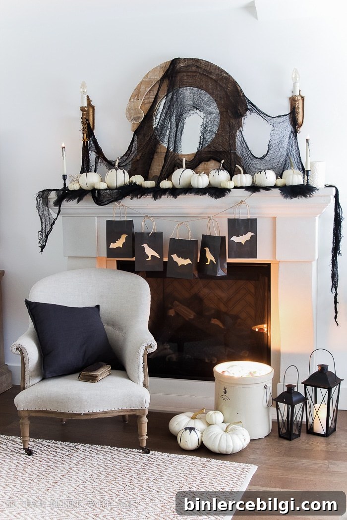 Classic black and white touches make this Halloween mantel decor super affordable and easy to achieve!