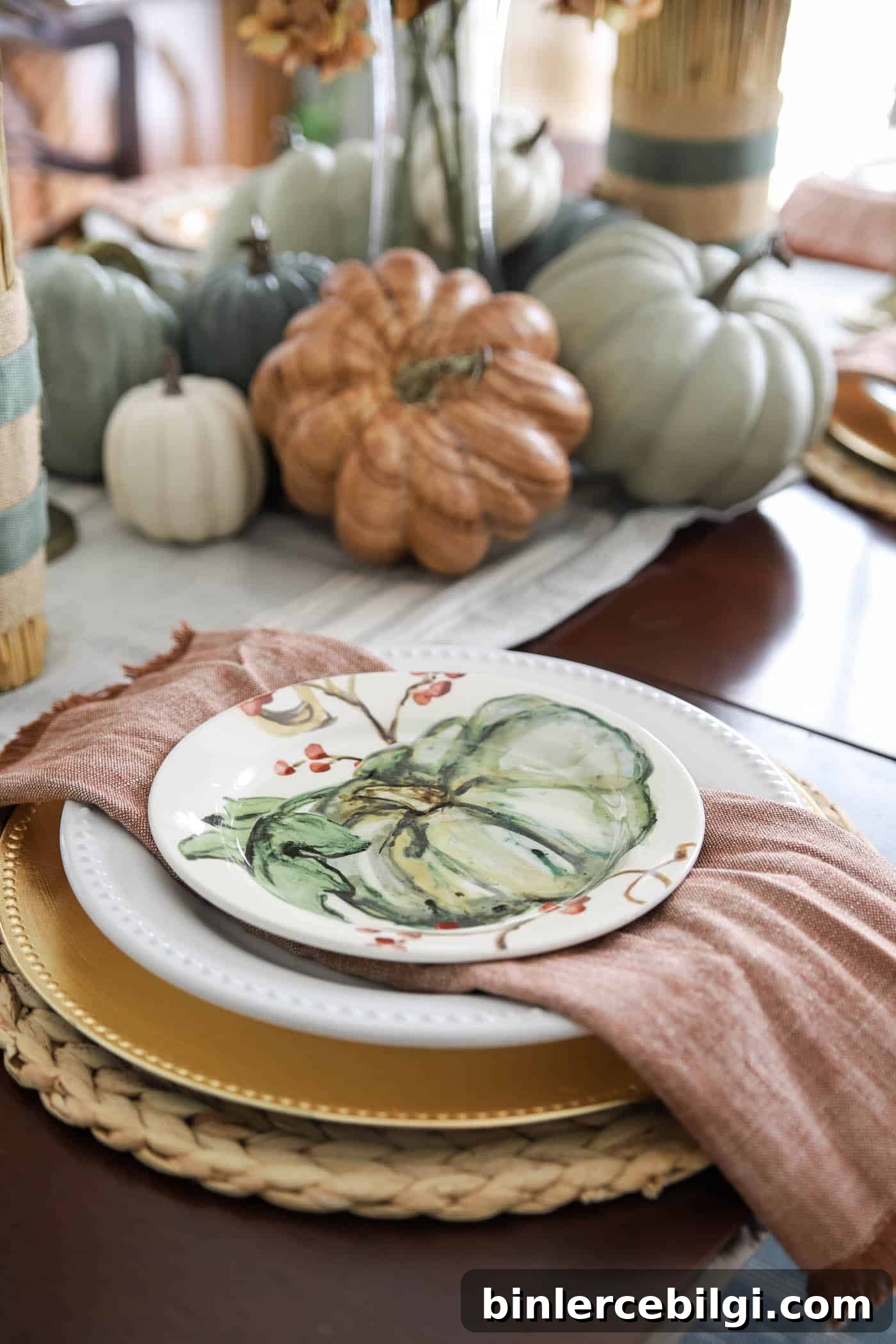 Rust colored cloth napkins and pumpkin plates