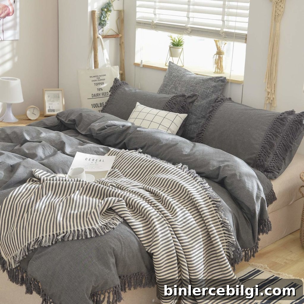 Farmhouse Bedding Ideas to Transform Your Bedroom 16 Gray Fringed Bedding | farmhouse bedding