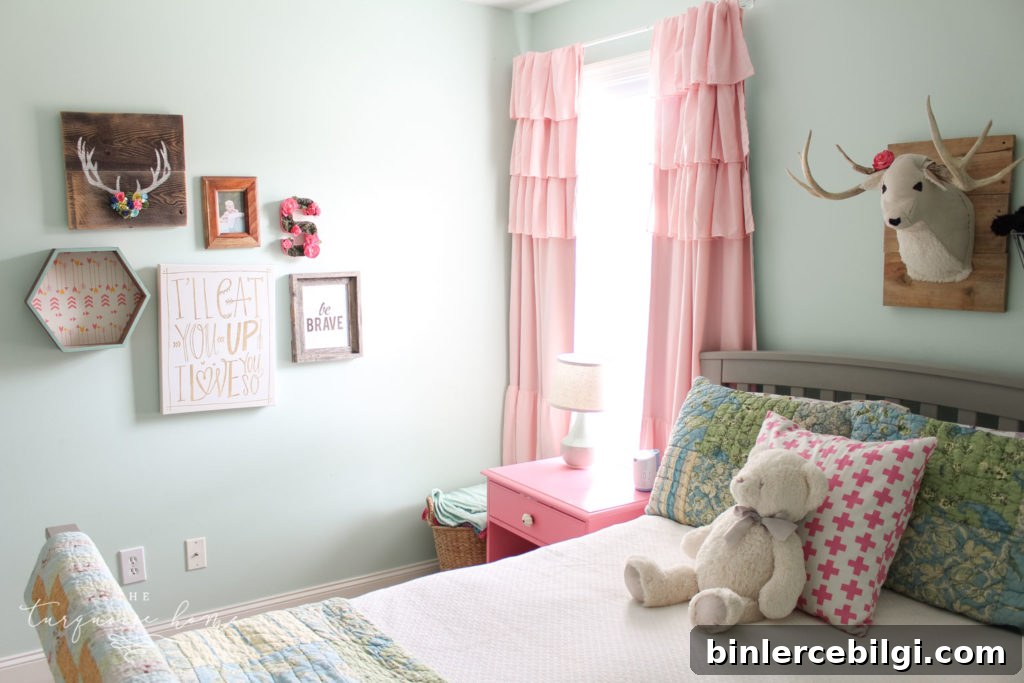Rooms decor ideas for girls | girls bedroom ideas | turquoise and pink girls bedroom decor - Pink ruffled black out curtains