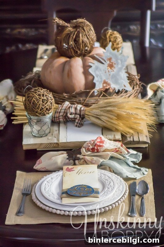 27 Gorgeous Thanksgiving Tablescapes | Natural and Rustic Table with Custom Menu Cards