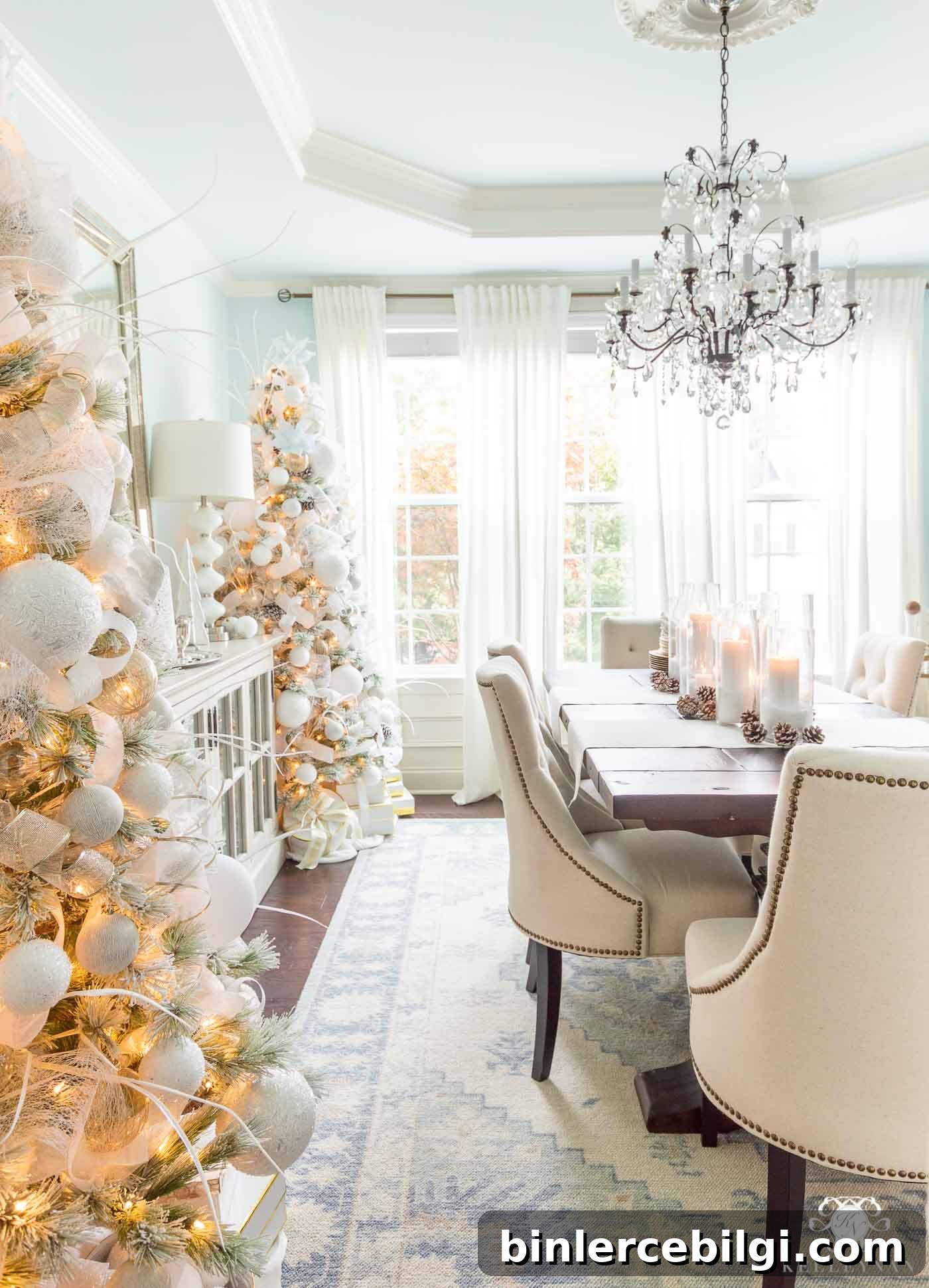 dining room dressed in winter whites