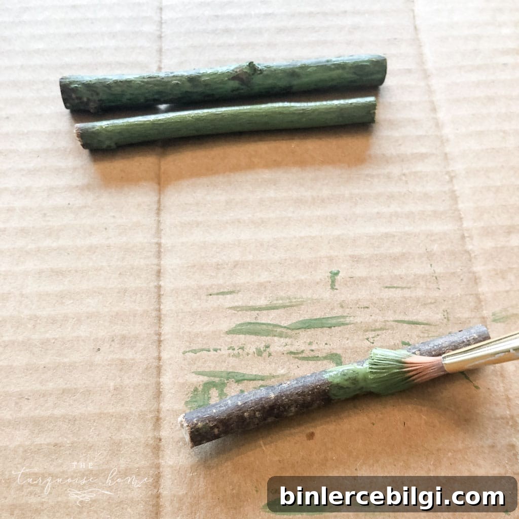 How to Make a Rustic Twig Christmas Tree Ornament 7 Paint the twigs green or your preferred color