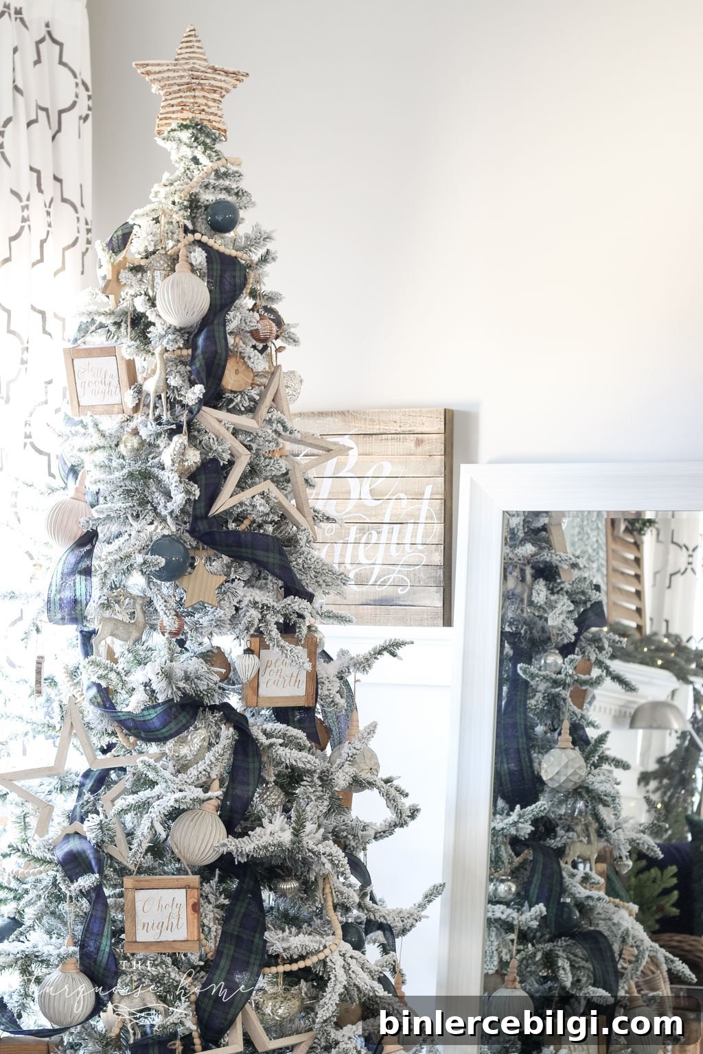 Gorgeous green and blue Christmas Decor on a Flocked Tree
