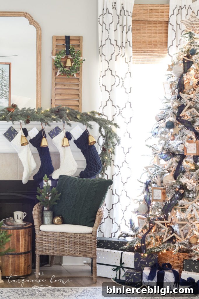 Green and Navy Simple Christmas Mantel - sneak peek of my flocked Christmas tree
