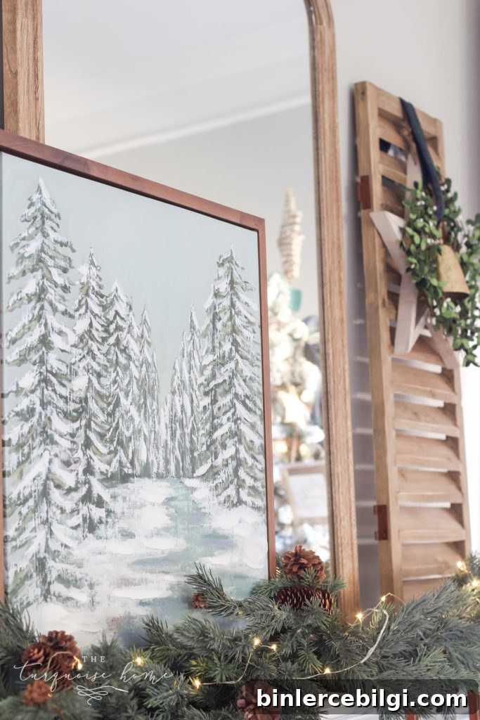 Green and Navy Simple Christmas Mantel - large mirror and shutters