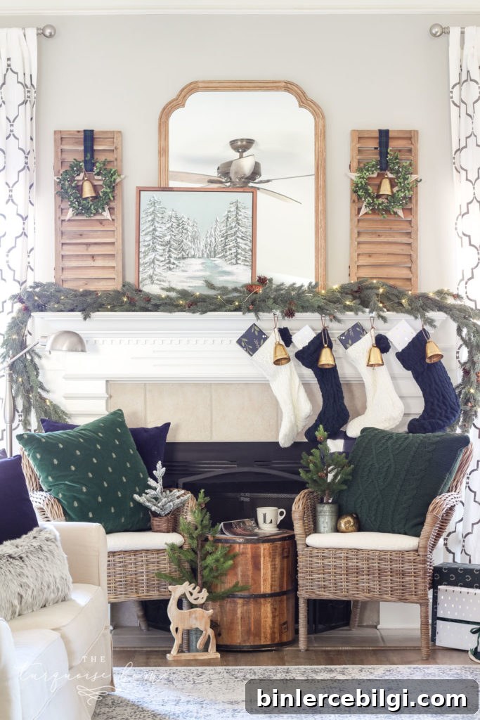 Green and Navy Simple Christmas Mantel - wicker chairs flanking a mantel