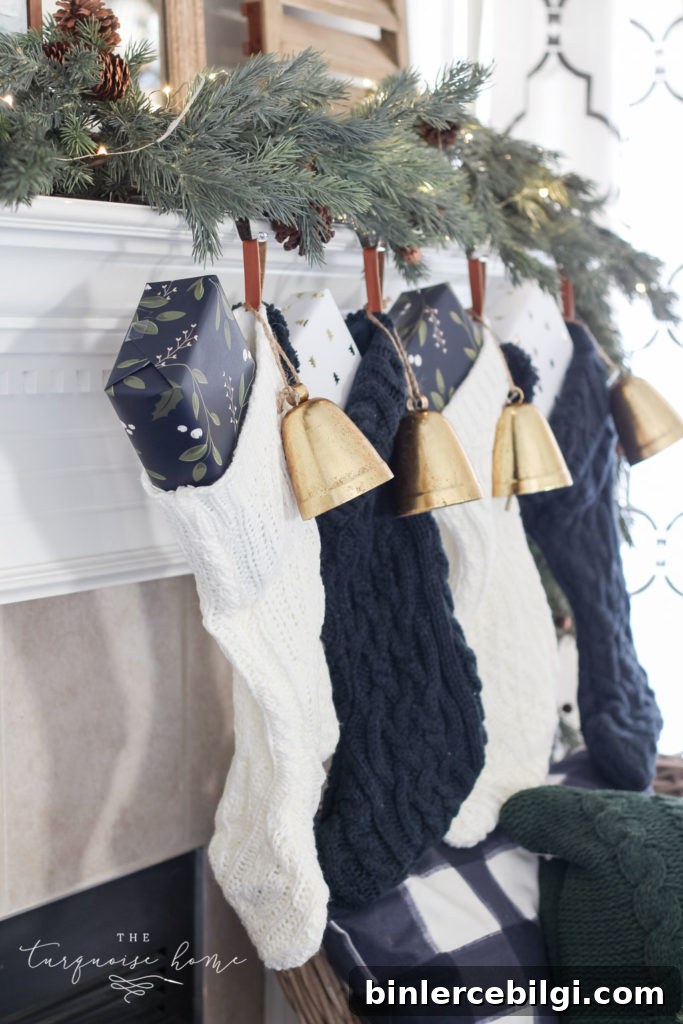 Green and Navy Simple Christmas Mantel - chunky cable knit stockings with bell ornaments