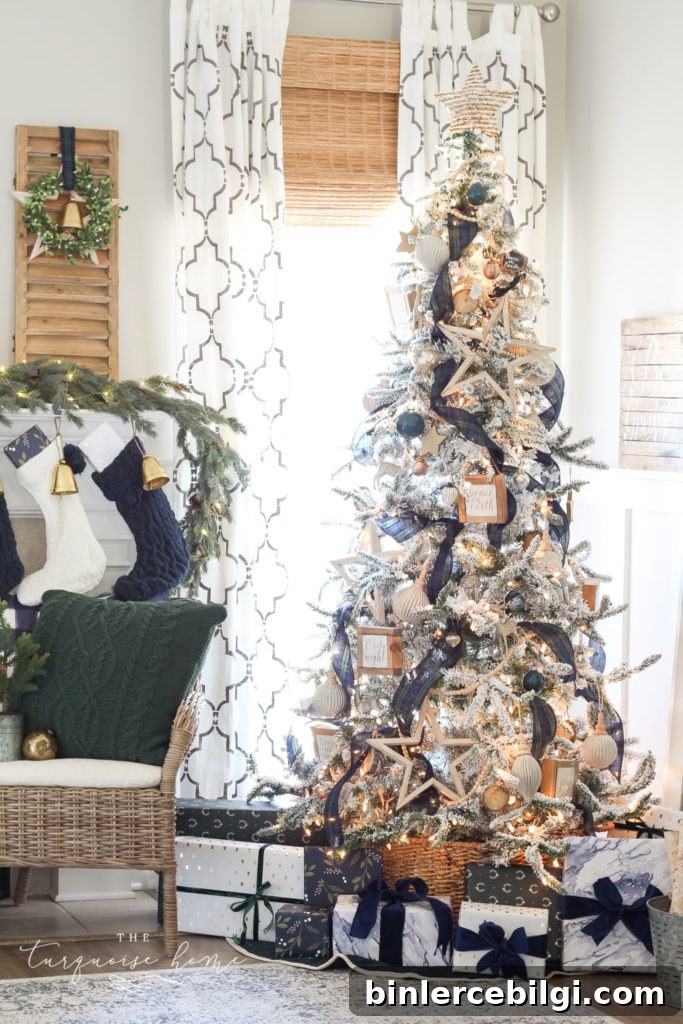 Flocked Green and Navy Plaid Christmas Tree with a Basket Tree Collar