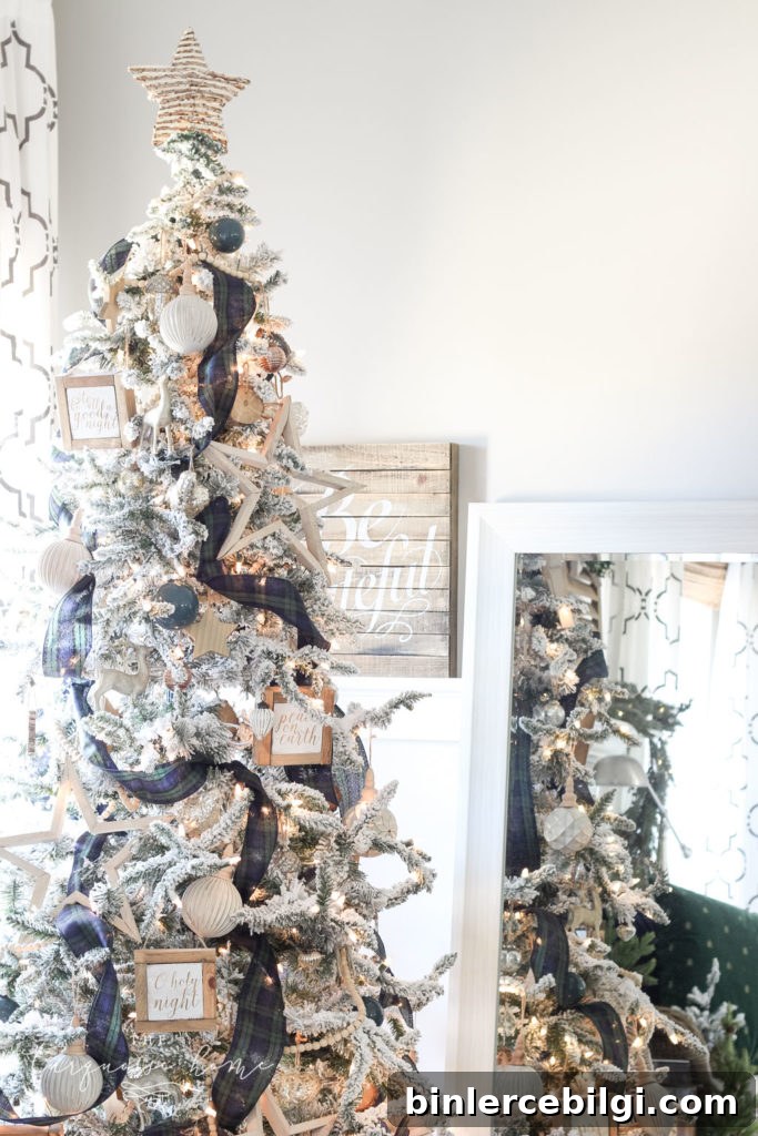Flocked Green and Navy Plaid Christmas Tree with neutral ornaments