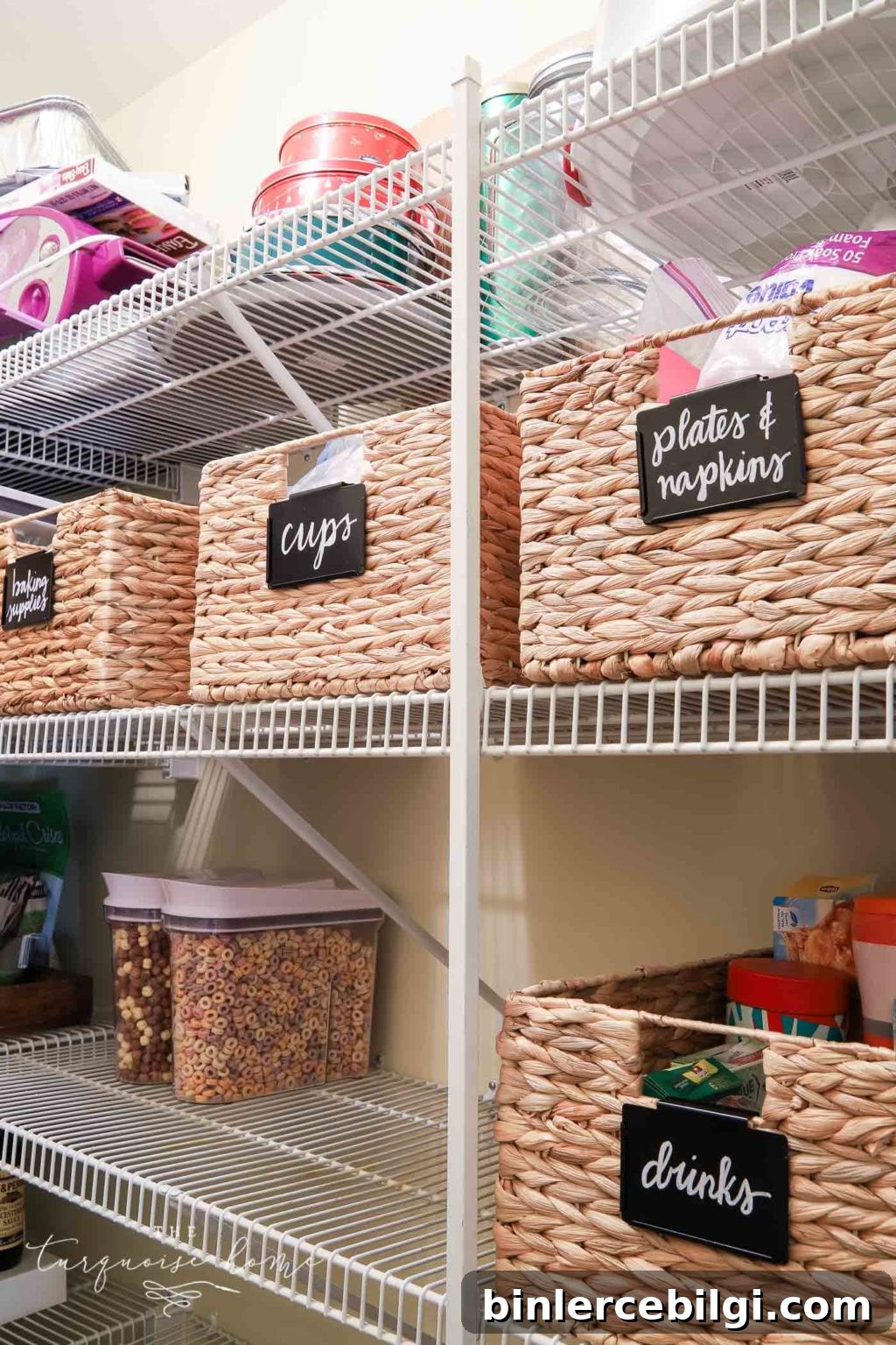 How to Organize a Pantry - baskets, labels and cereal dispensers