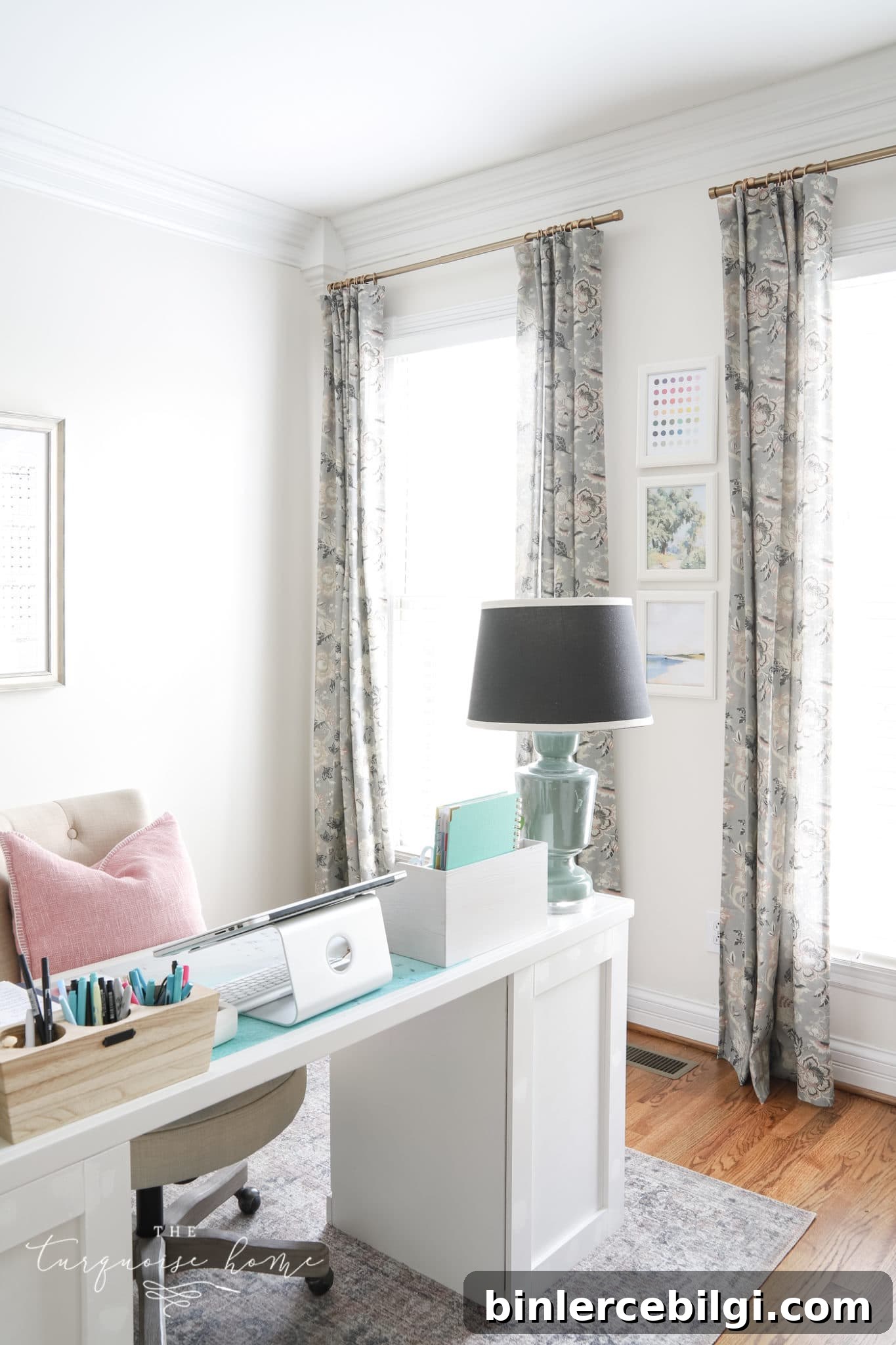 How to Style Floral Curtains for Your Office 5 Pretty floral curtains in a feminine office.