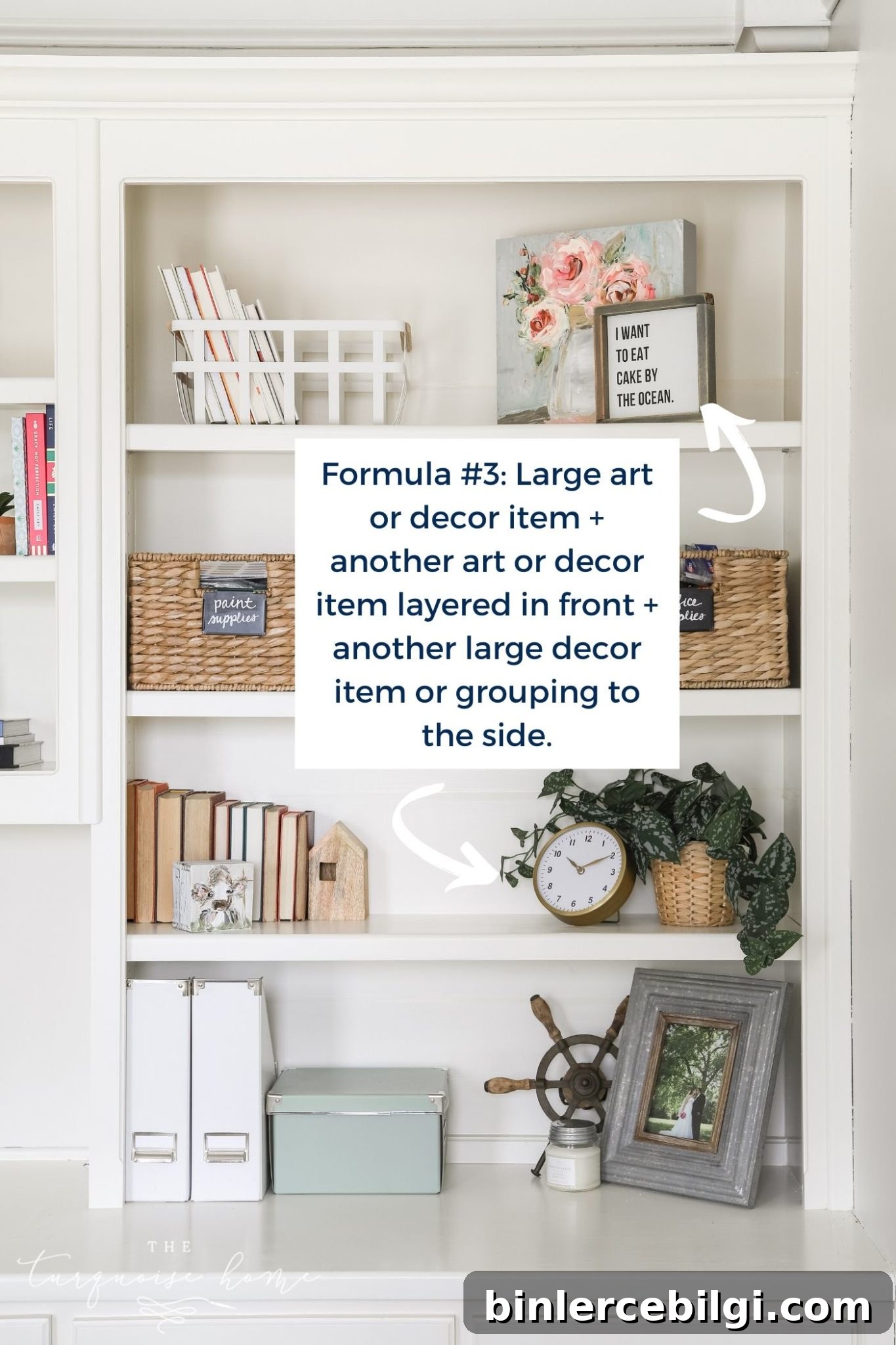 White built-in bookshelves with styling formulas