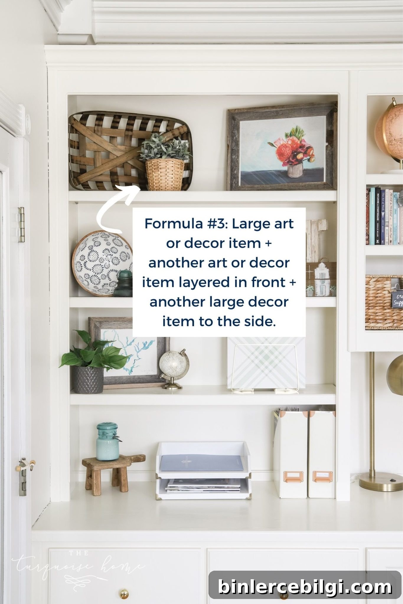 White built-in bookshelves with styling formulas