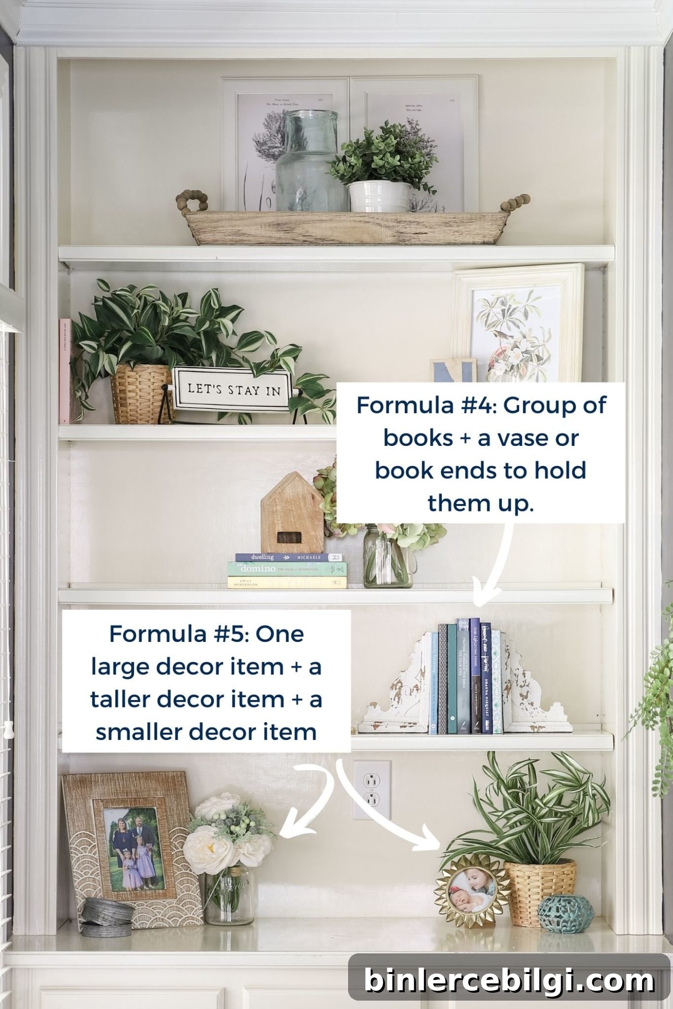 White built-in bookshelves with beautiful decor: greenery, art & books - using easy style formulas