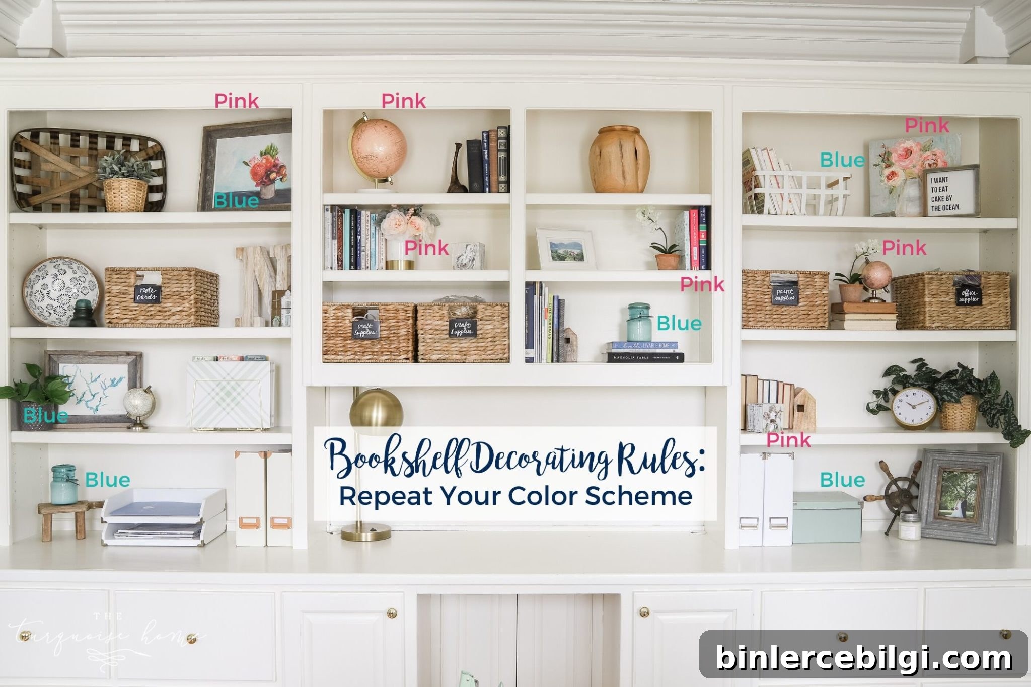 White built-in bookshelves with pink and blue decor | How to Decorate a Bookshelf