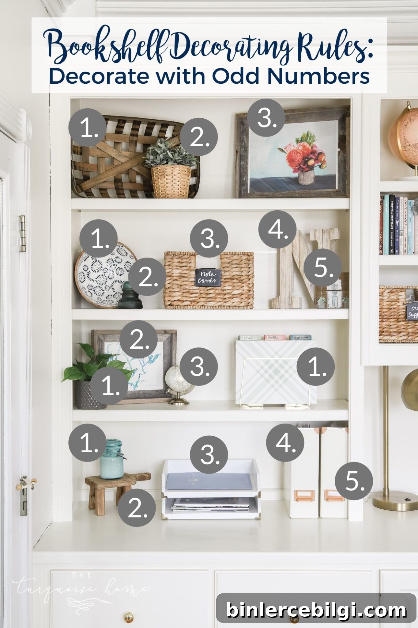 White built-in bookshelves with pink and blue decor | How to Decorate a Bookshelf