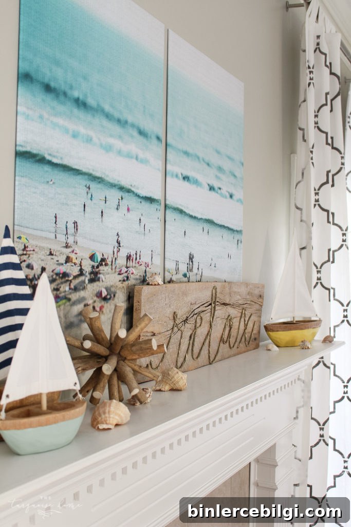 Art hanging on a fireplace mantle