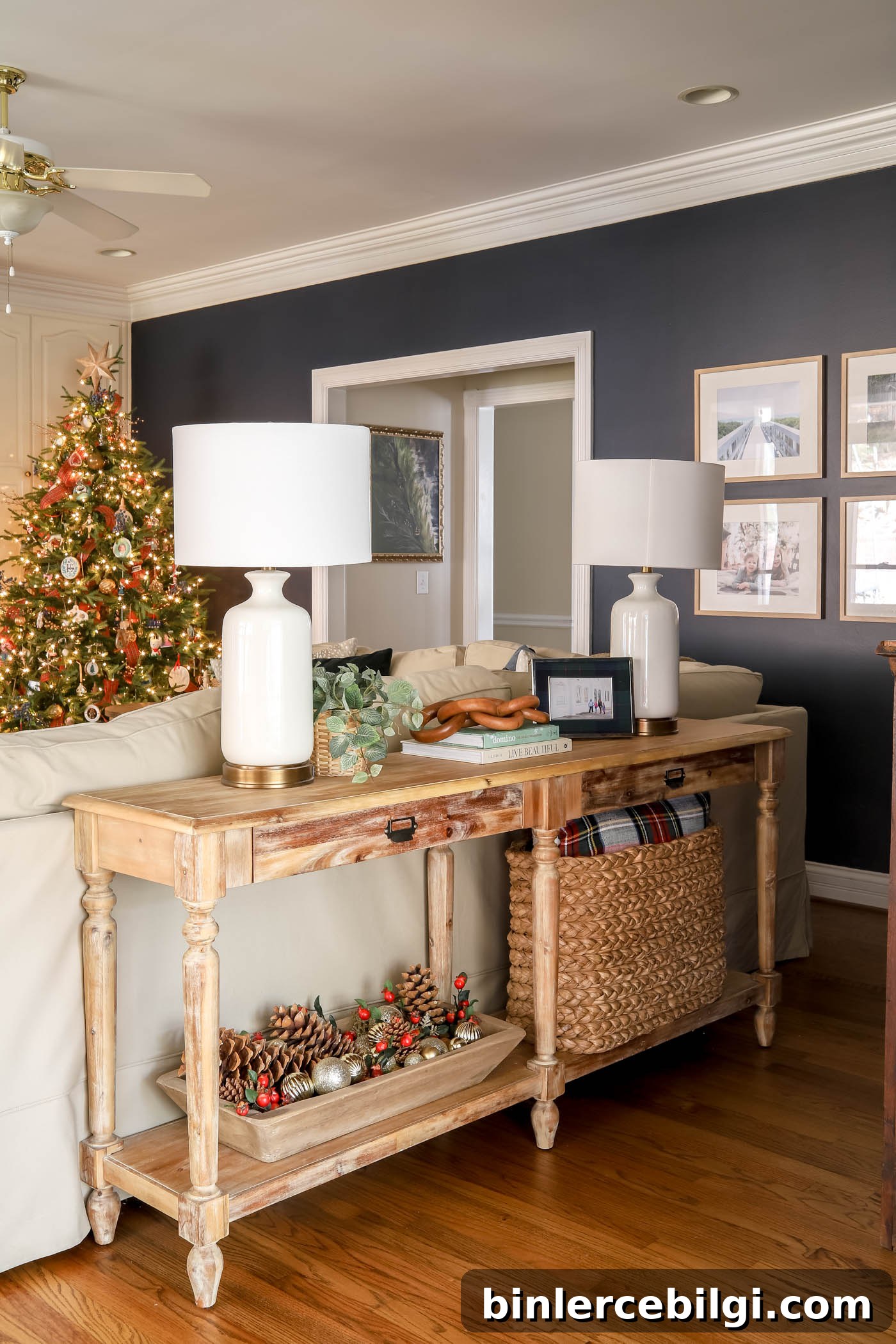plaid christmas console table in living room.
