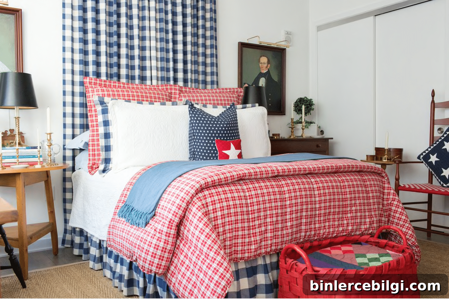 Americana Bedroom with Drapes Behind Bed
