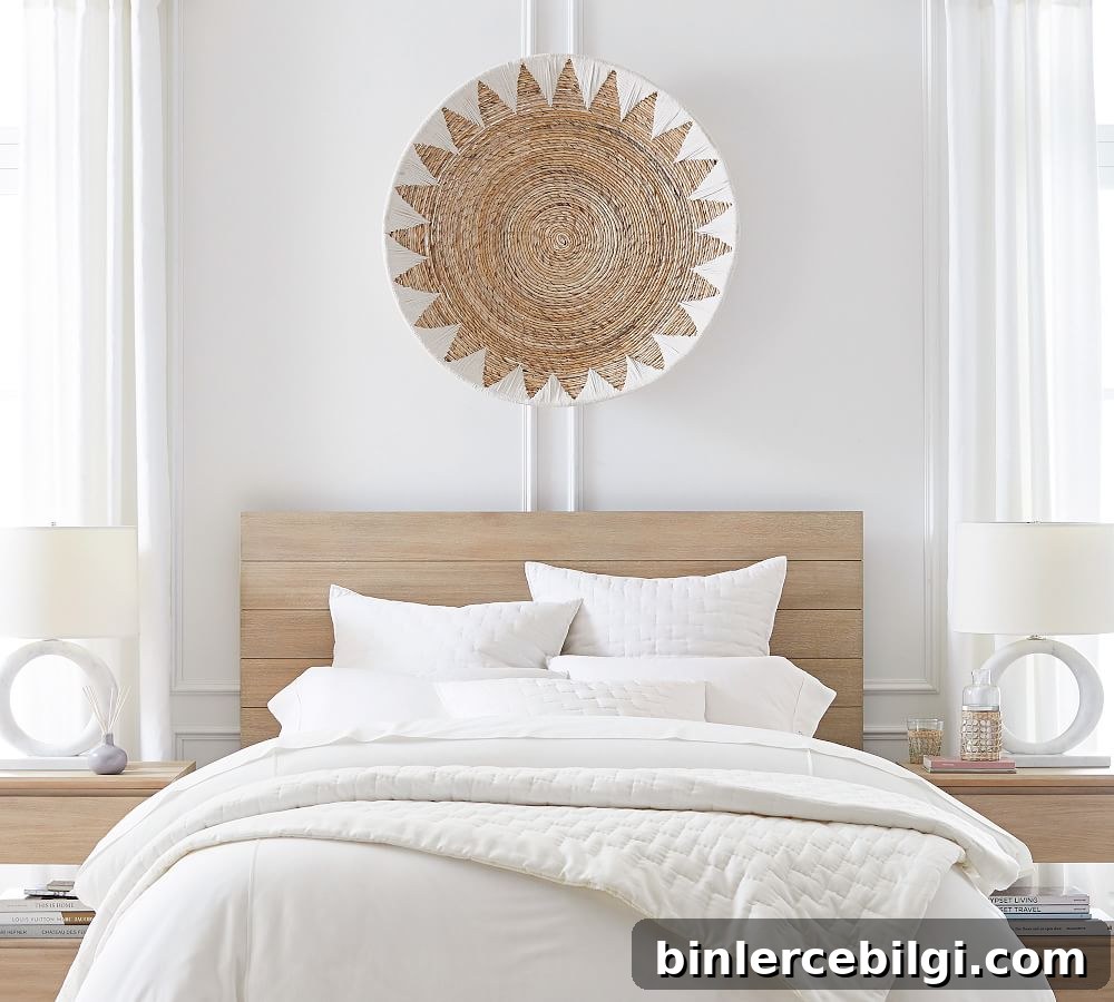a woven basket hanging on the wall above a bed