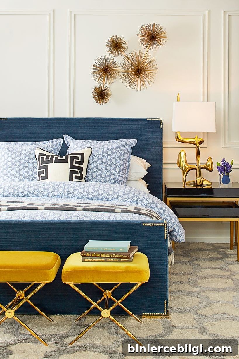 Brass art displayed above a bed