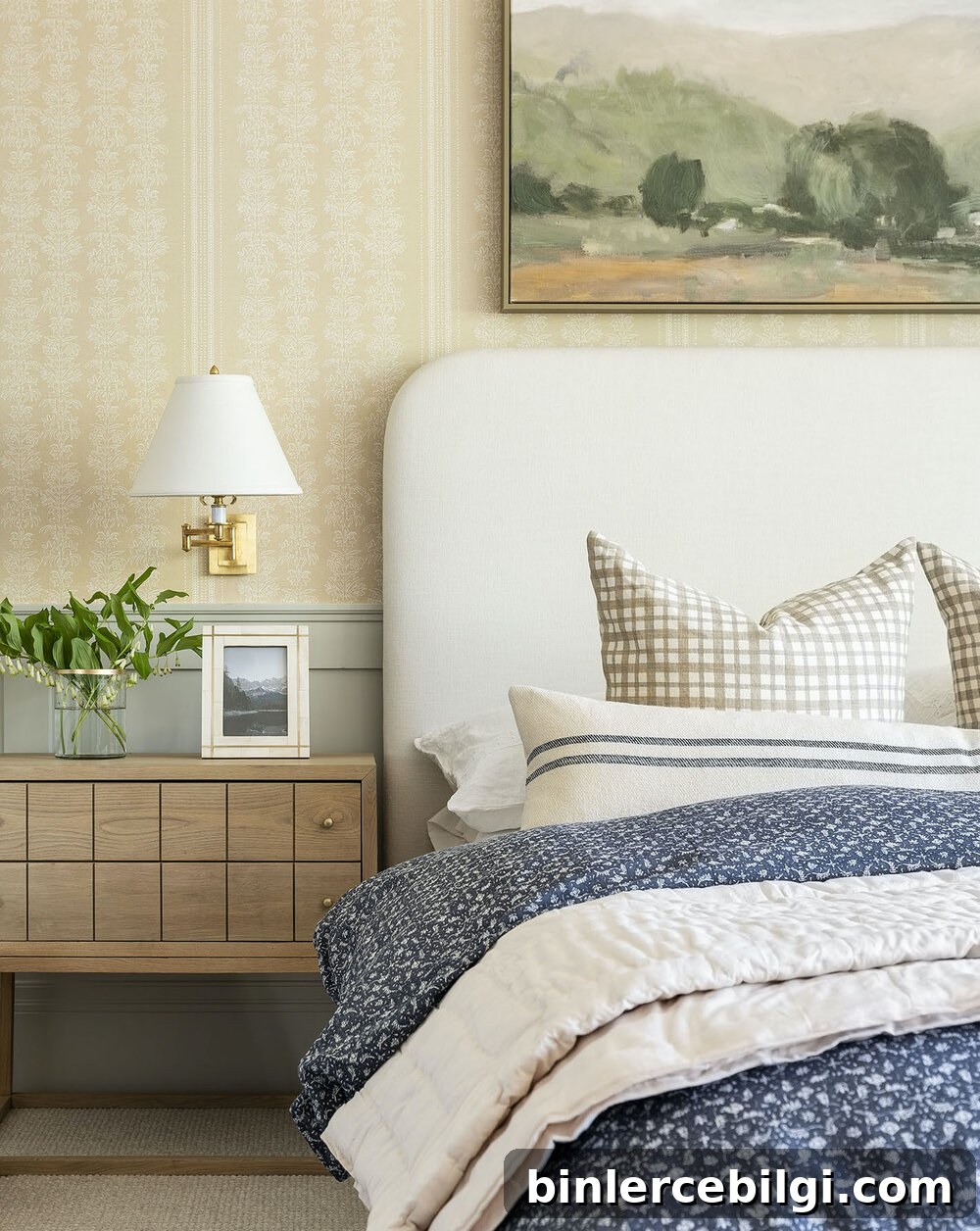 Bed with Wallpaper Behind It
