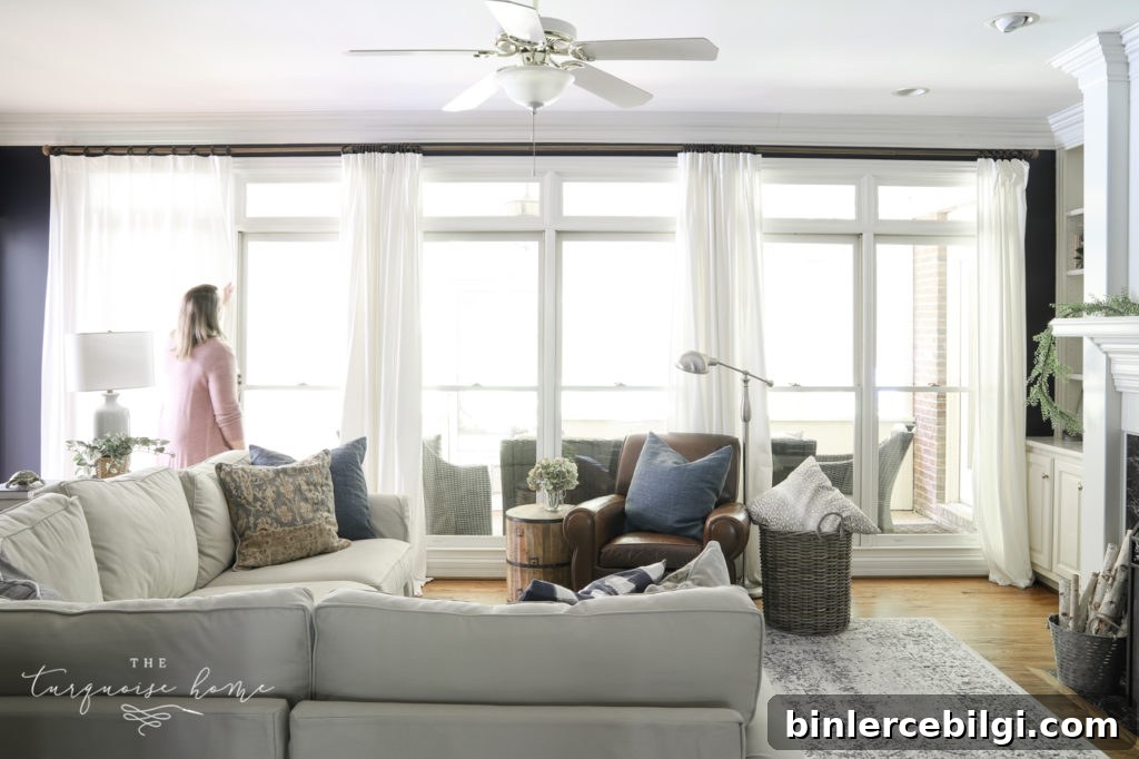 Where to Buy and How to Install an Extra-Long Curtain Rod 8 wall of windows with curtains
