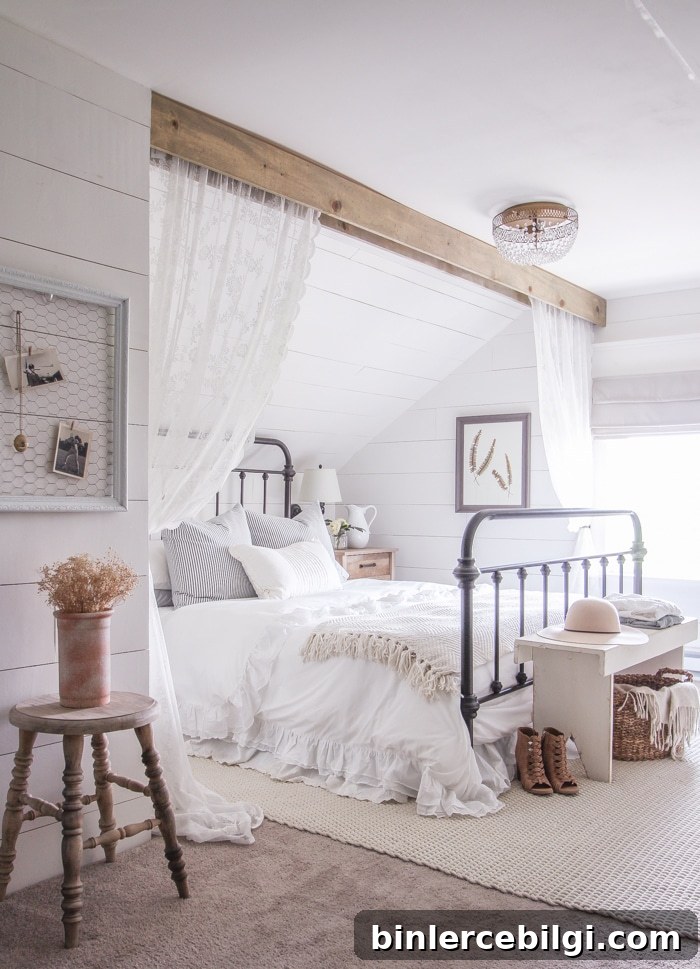 modern farmhouse bedroom with a bed, shiplap walls, and an area rug on the floor