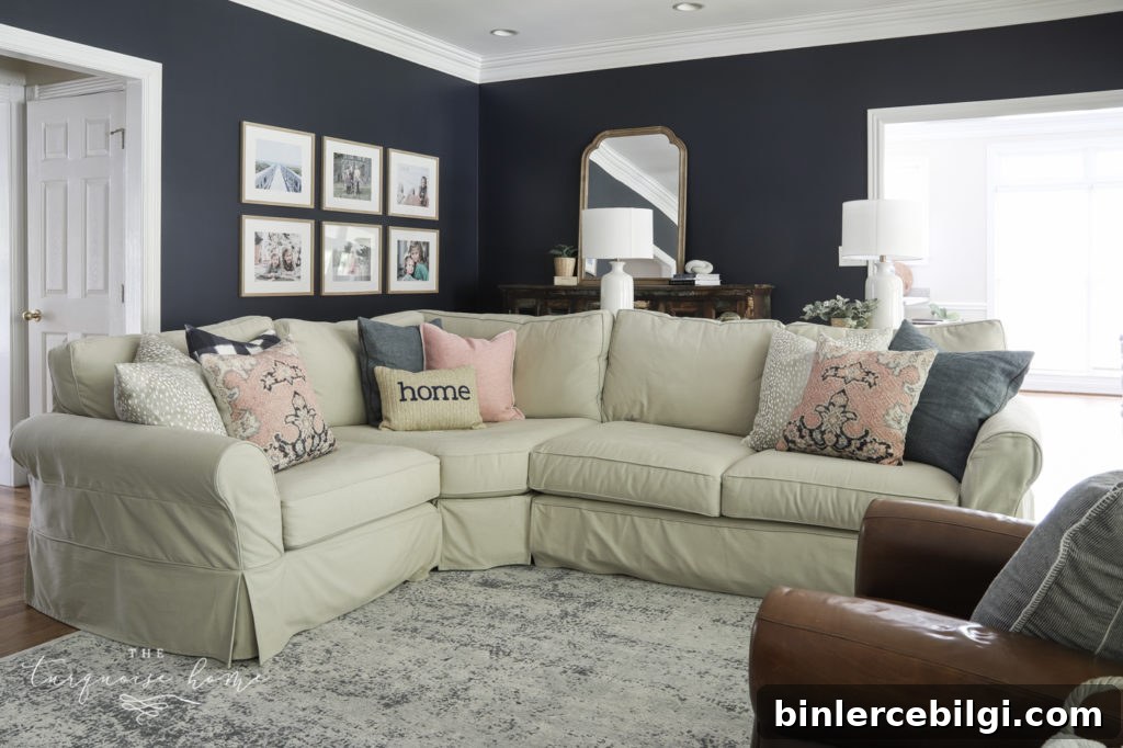 Sectional sofa in living room with throw pillows
