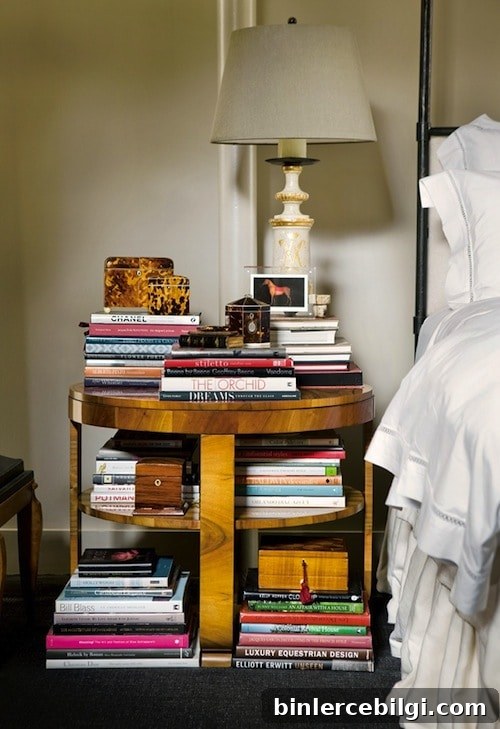 bedside table with top and shelves filled with stacks of books, trinkets, and a lamp