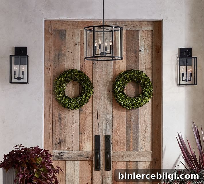 Wooden door with green wreaths on it and a bronze farmhouse entryway light hanging from the ceiling
