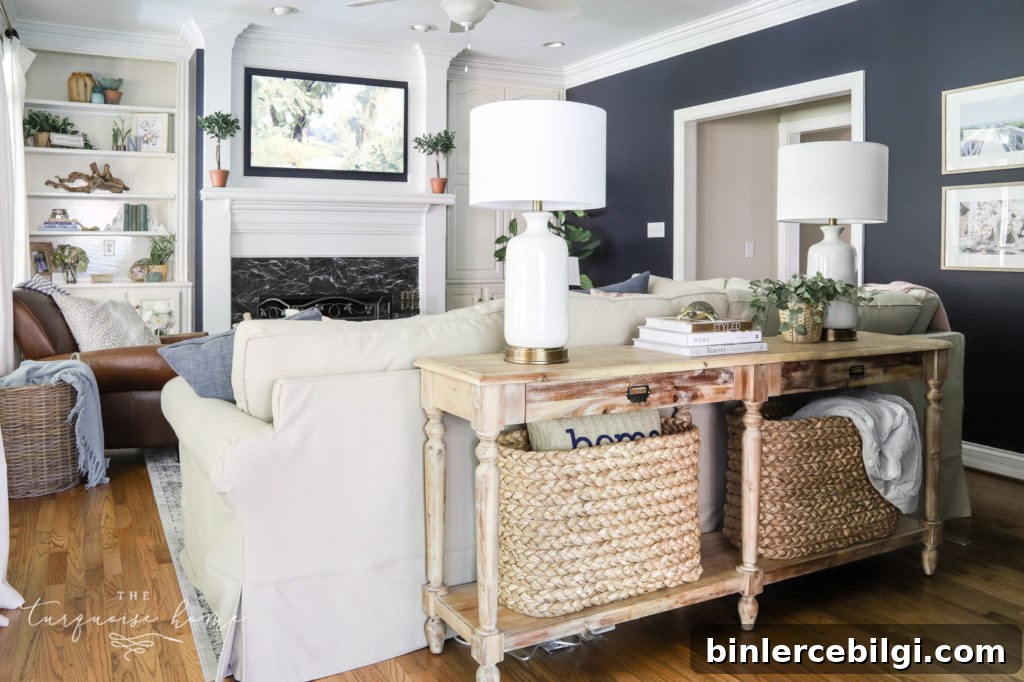 Cozy Navy Blue Living Room Reveal and Decor Ideas 4 Navy Living Room with Wood Tones