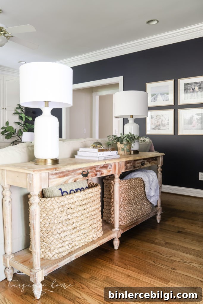Cozy Navy Blue Living Room Reveal and Decor Ideas 5 console table behind a sofa