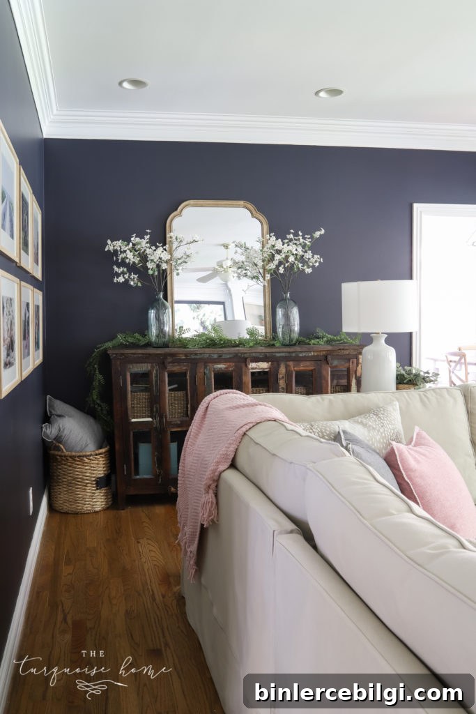 Cozy Navy Blue Living Room Reveal and Decor Ideas 6 media console with large mirror