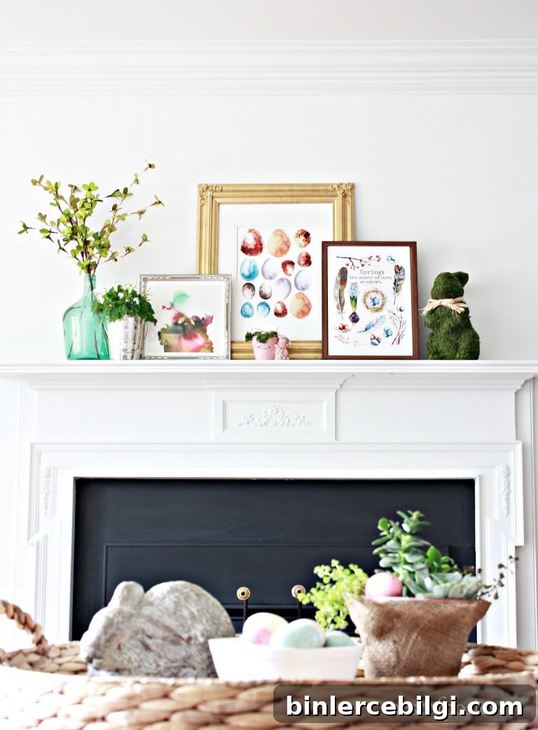 spring mantel decorations with colorful framed images and florals