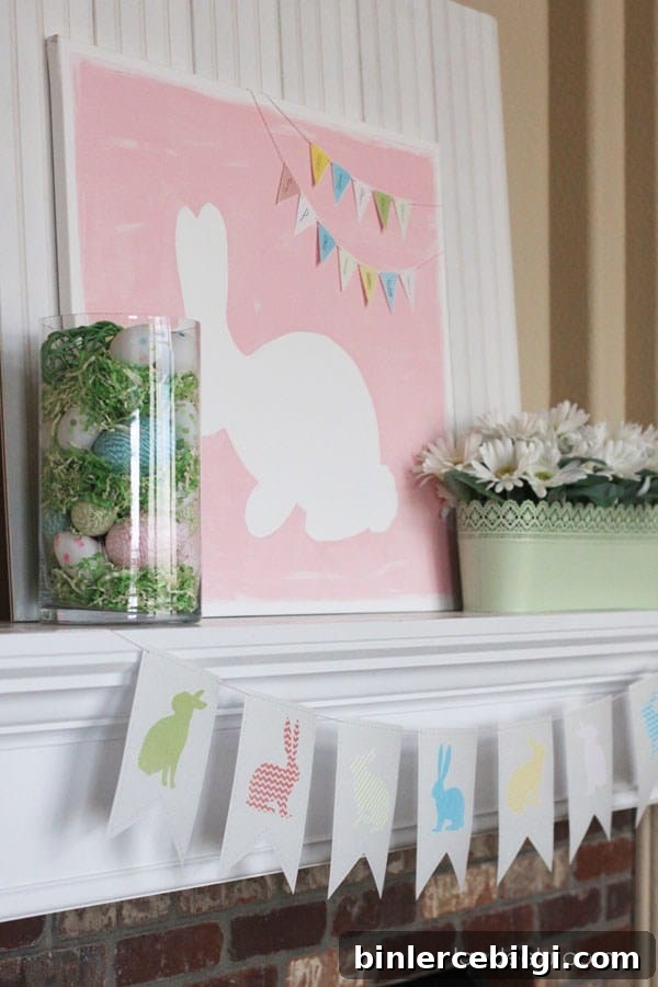 Easter fireplace mantel decor with a bunny picture, a canister of eggs and grass, and garland